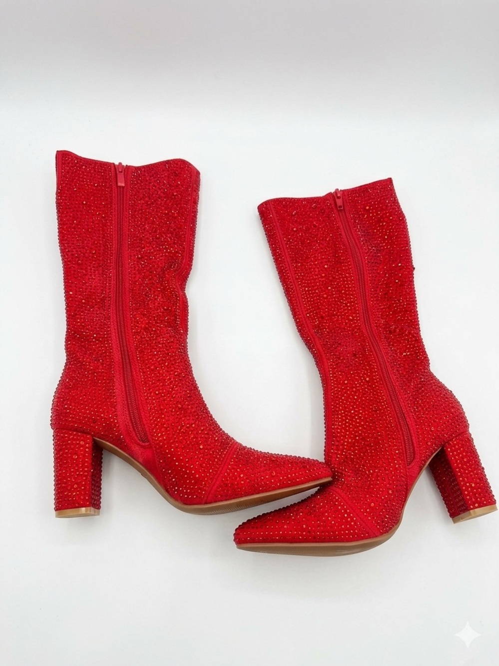 DREAM PARIS Red Rhinestone Mid-Calf Block Heel Boots - Women